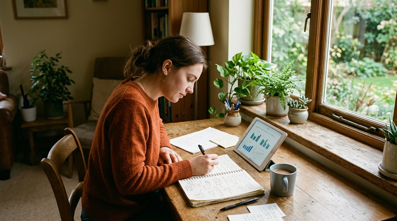 Person studying at a desk with handwritten notes and charts — the kind of focused, calm environment Avarex Core is built for.